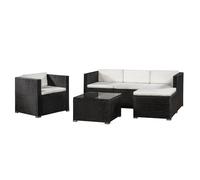 Juskys Salon de Jardin en polyrotin Lounge Punta Cana L, résistant aux intempéries - avec canapé, Fauteuil, Tabouret, Table & Coussins 4-5 Personnes Ensemble de Meubles de Jardin Noir/crème
