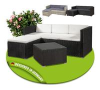 Juskys Salon de Jardin en polyrotin Lounge Punta Cana M, résistant aux intempéries - avec canapé 3 Places, Tabouret, Table & Coussins 3-4 Personnes Ensemble de Meubles de Jardin Noir/crème