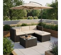 Juskys Salon de Jardin en polyrotin Lounge Punta Cana M, résistant aux intempéries - avec canapé 3 Places, Tabouret, Table & Coussins 3-4 Personnes Ensemble de Meubles de Jardin Noir/crème