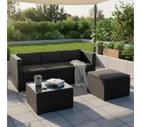 Juskys Salon de Jardin en polyrotin Lounge Punta Cana M, résistant aux intempéries - avec canapé 3 Places, Tabouret, Table & Coussins 3-4 Personnes - Ensemble de Meubles de Jardin Noir/Gris