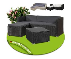 Juskys Salon de Jardin en polyrotin Lounge Punta Cana M, résistant aux intempéries - avec canapé 3 Places, Tabouret, Table & Coussins 3-4 Personnes - Ensemble de Meubles de Jardin Noir/Gris