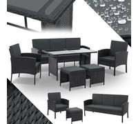 Juskys Salon de Jardin en rotin synthétique Turin - Ensemble 6 pièces - 7 Personnes - Meubles d'extérieur avec fauteuils, Table & Coussins - Noir