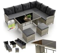 Juskys Salon de Jardin Lounge Manacor en polyrotin Gris moucheté - avec canapé, Table, 2 tabourets et Coussins - Ensemble de Meubles de Jardin jusqu'à 7 Personnes - Housses Grise