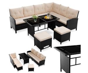 Juskys Salon de Jardin Lounge Manacor en polyrotin Noir - avec canapé, Table, 2 tabourets & Coussins - Ensemble de Meubles pouvant accueillir jusqu'à 7 Personnes - Housses de Couleur crème
