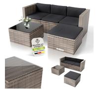 Juskys Salon de Jardin en polyrotin Lounge Punta Cana M, résistant aux intempéries - avec canapé 3 Places, Tabouret, Table & Coussins 3-4 Personnes Ensemble de Meubles de Jardin Gris chiné