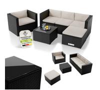 Juskys Salon de jardin Punta Cana L polyrattan noir/crème 4-5 pers canapé fauteuil table pouf