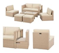 Juskys Salon de Jardin Salou en polyrotin - Espace Lounge d'extérieur résistant aux intempéries pour 6 Personnes - Coin Salon avec Table & Coussins - pour Jardin, Balcon, terrasse - Crème/Sable