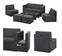 Juskys Salon de Jardin Salou en polyrotin - Espace Lounge d'extérieur résistant aux intempéries pour 6 Personnes - Coin Salon avec Table & Coussins - pour Jardin, Balcon, terrasse - Noir