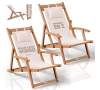 Juskys® Transat Tavira Crème (Lot de 2) - Pliables, dossiers à 3 Positions, Coussins Amovibles, résistants aux intempéries, Bois d'acacia huilé