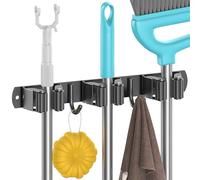 Juspota Accroche Balai Mural sans Percage, Porte Balais Mural avec 3 Supports et 2 Crochets, Support Balais Mural avec Vis, Attache Range Balai Mural, Range outils de jardin, Noir