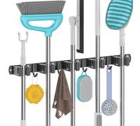 Juspota Accroche Balai Mural sans Percage, Porte Balais Mural avec 5 Supports et 4 Crochets, Support Balais Mural avec Vis, Attache Range Balai Mural, Range outils de jardin, Noir