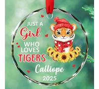 Just A Girl Who Loves Tigers Décoration de Noël 2025 en verre personnalisée pour les amoureux des animaux, année et nom personnalisés - Cadeau pour femme, petite amie, sœur, fille