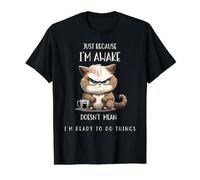 Just Because I'm Awake Un Chat drôle avec du café pour préadolescents T-Shirt Graphique avec Valeur, Homme, Noir, S