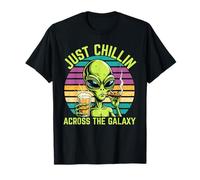 Just Chillin Across The Galaxy Alien Beer Cigar Retro T-Shirt