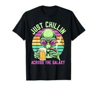 Just Chillin Across The Galaxy Alien Beer Cigar Retro T-Shirt