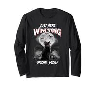 Just Here Waiting for You Black Cat Devil Moon Halloween Manche Longue
