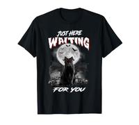 Just Here Waiting for You Black Cat Devil Moon Halloween T-Shirt