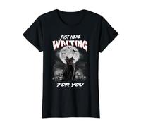 Just Here Waiting for You Black Cat Devil Moon Halloween T-Shirt Graphique avec Valeur, Femme, Noir, M