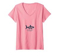 Just Keep Swimming Shark Motivational Ocean T-Shirt avec Col en V, Femme, Rose, XXL