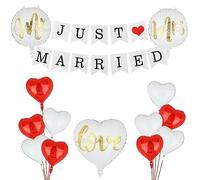 Just Married Banderole Deco Mr&Mrs Ballon Rouges Blancs Cœur Aluminium Ballons Demande En Mariage Fiançailles Fête Décoration Mariage