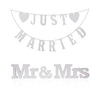 Just Married Bannière Guirlande, Mr & Mrs Lettre en Bois Blanc Romantique Décoration de Mariage pour Voiture, Nuptiale Douche Fiançailles, Accessoires Photo, Bachelorette