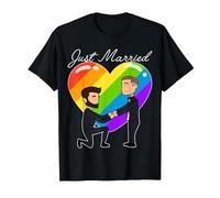 Just Married Gay Couple Just Married Imprimé cœur Arc-en-Ciel T-Shirt, Homme, Noir, 4XL