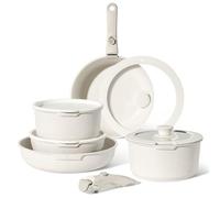 Just Perfecto Lot Casseroles et Poêles, Poêle à Frire 20cm/26cm, Casserole 18cm/20cm, Sauteuse 26cm, Induction, Poignée Amovible, Revêtement Antiadhésif, Couvercles Antiprojections (Biege)