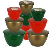 Just Pudding Basins Festive Christmas Colours Lot de 9 bacs à pudding et couvercles Tailles 1, 2 et 3 pintes en 3 couleurs rouge, vert Noël et doré