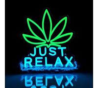 JUST RELAX - Panneau néon LED (35,6 x 30 cm) - Lumière verte en forme de feuille de cannabis pour bar, salon et maison | Applique murale décorative alimentée par USB