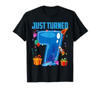 Just Turned 7 Birthday Boy Rocket Blue Party T-Shirt