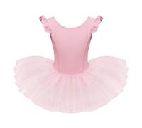 Justaucorps Danse Classique Fille Robe Ballet Tutu Tulle Manches Volantes Plissées Couleur Unie Col Rond Costume Danseuse Ballerina Gymnastique Carnaval Une Pièce pour Bébé Enfant Rose 5-6 Ans