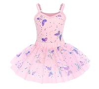 Justaucorps de ballet en coton pour fille - Sans manches - Paillettes - Papillon - Justaucorps de danse - Haut + jupe portefeuille - Jupe tutu - Robe de danse 2 pièces, Rose, 3-4 ans