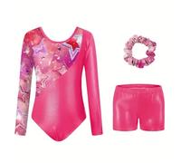 Justaucorps de Gymnastique à Manches Longues pour Filles avec imprimé numérique Tissu Extensible pour l'entraînement et la Danse Classique Confortable et performant (Red, 3-4 Years)
