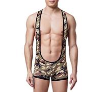 Justaucorps de Lutte Camo pour Homme Body à Bretelles Une pièce Camouflage Jockstrap de sous-vêtements à Bretelles athlétiques (ArméE Verte,M)