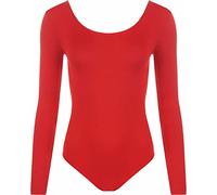 Justaucorps extensible à manches longues pour fille avec col rond uni, Rouge, 3-4 ans