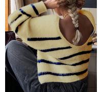 Juste Masa Femmes Automne et Hiver Retour à l'école Rayures Loisirs Slouchy Court Sans Dos Manches Longues Loose Sweater L,M,S,XLBlocs de couleur,RayéLaine peignée