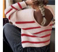 Juste Masa Femmes Automne et Hiver Retour à l'école Rayures Loisirs Slouchy Court Sans Dos Manches Longues Loose Sweater L,M,S,XLBlocs de couleur,RayéLaine peignée