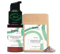Juste Paris Pack Shampoing Sec Poudre Bio + Recharge, Cheveux Foncés | Sans Résidus Blancs, Absorbe l’Excès de Sébum, Rafraîchit les Racines, Permet d’espacer les shampoings, Parfum Yuzu