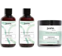 Juste Paris Routine Complète Cheveux Gras - Shampoing Purifiant + Après Shampoing Purifiant + Masque BIO - Régule le sébum, hydrate sans graisser et espace les lavages - Fabriqué en France