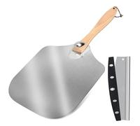 JUSTHERE Pelle à pizza de 35,5 cm x 30,5 cm et grande roulette à pizza, avec poignée en bois amovible, accessoires de pizza en aluminium pour fêtes et fêtes de famille