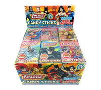 Justice League Superhero Candy Sticks avec tatouage | Idéal pour les fêtes d'enfants et sacs à friandises | 30 paquets par boîte | Comprend 5 autocollants super-héros | Par Amazing Snack Packs