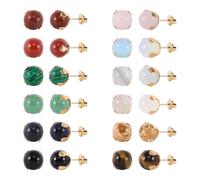 JUSTJANDM Lot de 12 paires de boucles d'oreilles à tige en acier inoxydable avec perles rondes en pierre précieuse naturelle opale œil de tigre quartz rose onyx pour femme