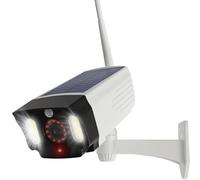 Justop - Caméra de vidéosurveillance factice, alimentée par panneau solaire, avec projecteurs de sécurité LED et détecteur de mouvement PIR, étanche pour usage extérieur - Blanc