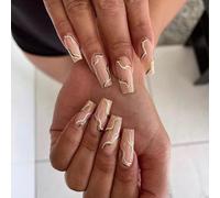 JUSTOTRY 24 morceaux de ongles faux longs à spirales d'or et de blanc, motifs d'ongles press-on à la française rose, ongles stick-on de forme ballerine moyenne pour les femmes