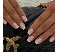 JUSTOTRY 24 Pcs Blanc Carrés Faux Ongles Court Motif,Glossy Beige French Press on Nails Courts,Faux Ongle avec Colle Pour Femme et Ado,Pink Square Faux Ongles à Coller Nail Art