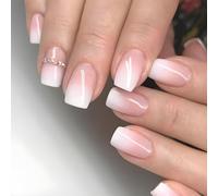 JUSTOTRY 24 Pcs Blanc et Pink Carrés Faux Ongles Court Motif,Glossy French Press on Nails Courts,Uni Faux Ongle avec Colle Pour Femme et Ado,Nude Square Faux Ongles à Coller Nail Art
