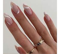 JUSTOTRY 24 Pcs Blanc Vague Amande Faux Ongles Court Motif,Glossy Nude Press on Nails Courts,Ovale Faux Ongle avec Colle Pour Femme et Ado,Almond French Faux Ongles à Coller Nail Art