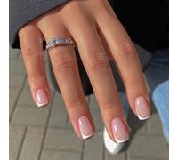 JUSTOTRY 24 Pcs Brillant Carrés Faux Ongles Court Motif,Blanc French Press on Nails Courts, Classy Faux Ongle avec Colle Pour Femme et Ado,Nude Square Faux Ongles à Coller Nail Art