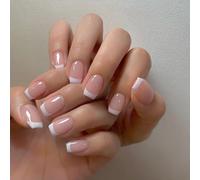 JUSTOTRY 24 Pcs Brillant Carrés Faux Ongles Court Motif,Blanc French Press on Nails Courts, Pink Faux Ongle avec Colle Pour Femme et Ado,Trendy Square Faux Ongles à Coller Nail Art