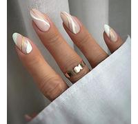 JUSTOTRY 24 Pcs Doré Wavy Ovale Faux Ongles Court Motif,Blanc French Press on Nails Courts,Amande Faux Ongle Moyen avec Colle Pour Femme et Ado,Almond Faux Ongles à Coller Nail Art